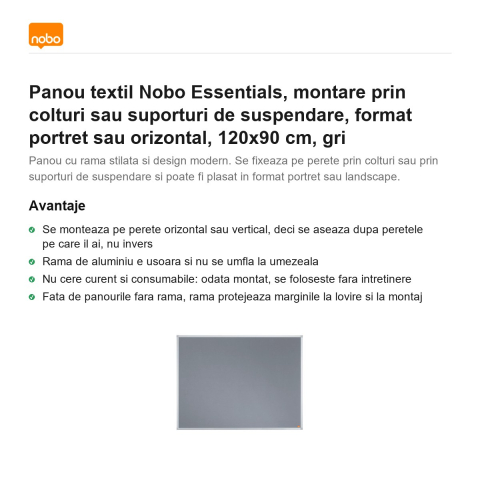 Panou textil Nobo Essentials, montare prin colturi sau suporturi de suspendare, format portret sau orizontal, 120x90 cm, gri [1]