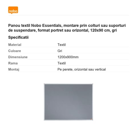 Panou textil Nobo Essentials, montare prin colturi sau suporturi de suspendare, format portret sau orizontal, 120x90 cm, gri [2]