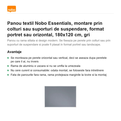 Panou textil Nobo Essentials, montare prin colturi sau suporturi de suspendare, format portret sau orizontal, 180x120 cm, gri [1]