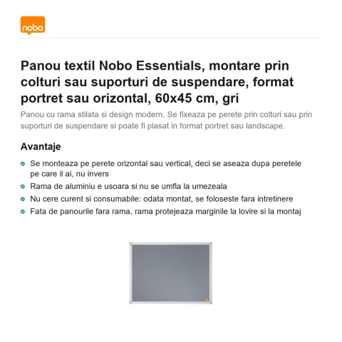Panou textil Nobo Essentials, montare prin colturi sau suporturi de suspendare, format portret sau orizontal, 60x45 cm, gri [1]