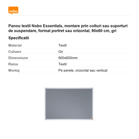 Panou textil Nobo Essentials, montare prin colturi sau suporturi de suspendare, format portret sau orizontal, 90x60 cm, gri [2]