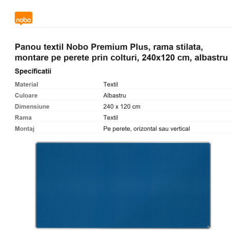 Panou textil Nobo Premium Plus, rama stilata, montare pe perete prin colturi, 240x120 cm, albastru [2]