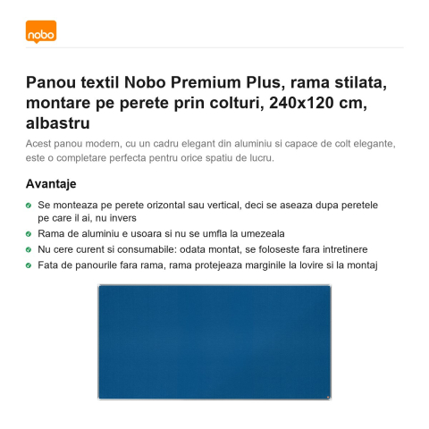 Panou textil Nobo Premium Plus, rama stilata, montare pe perete prin colturi, 240x120 cm, albastru [1]
