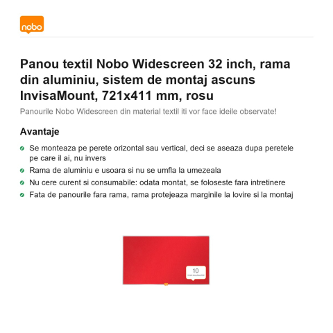 Panou textil Nobo Widescreen 32 inch, rama din aluminiu, sistem de montaj ascuns InvisaMount, 721x411 mm, rosu [1]