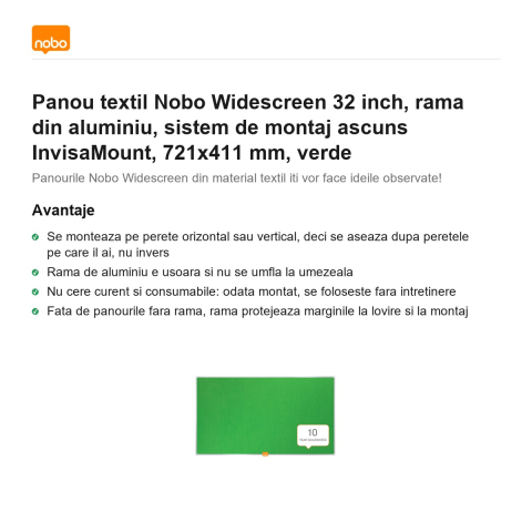 Panou textil Nobo Widescreen 32 inch, rama din aluminiu, sistem de montaj ascuns InvisaMount, 721x411 mm, verde [1]