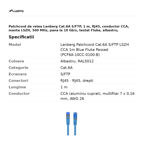 Patchcord de retea Lanberg Cat.6A S/FTP, 1 m, RJ45, conductor CCA, manta LSZH, 500 MHz, pana la 10 Gb/s, testat Fluke, albastru, PCF6A-10CC-0100-B [2]