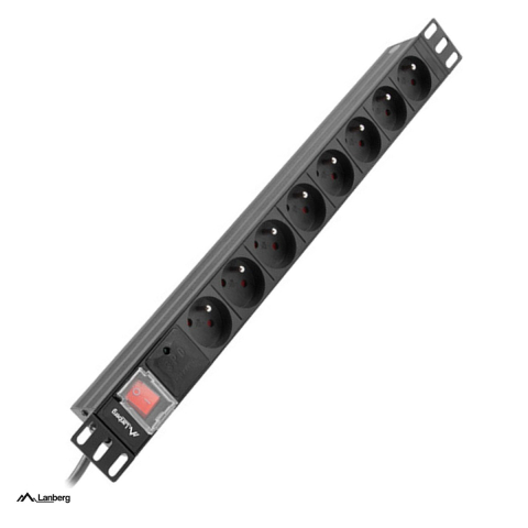 Rack-uri si accesorii - PDU rack 19 inch Lanberg 1U, 8 prize tip E franceze, 16 A, 4000 W, cablu 2 m cu stecher uni-schuko, intrerupator, aluminiu, negru, PDU-08E-0200-BK