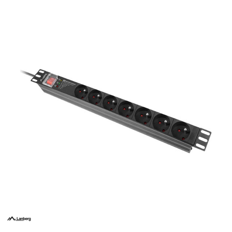 Rack-uri si accesorii - PDU rack 19 inch Lanberg PRO 1U, 7 prize tip E franceze, protectie la supratensiune SPD-3MP, 16 A, 4000 W, cablu 2 m cu stecher uni-schuko, intrerupator, aluminiu, negru, PDU-PRO-07E-0200-BK