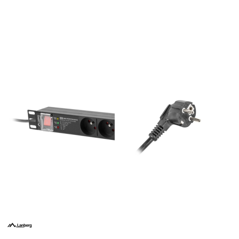 PDU rack 19 inch Lanberg PRO 1U, 7 prize tip E franceze, protectie la supratensiune SPD-3MP, 16 A, 4000 W, cablu 2 m cu stecher uni-schuko, intrerupator, aluminiu, negru, PDU-PRO-07E-0200-BK [4]