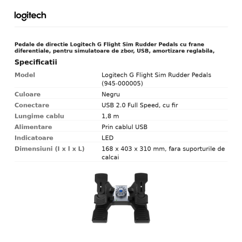 Pedale de directie Logitech G Flight Sim Rudder Pedals cu frane diferentiale, pentru simulatoare de zbor, USB, amortizare reglabila, negru, 945-000005 [2]