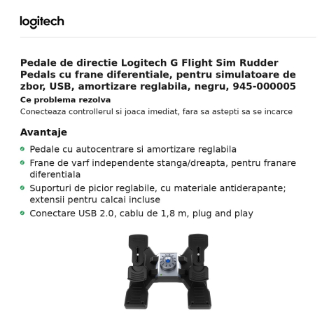 Pedale de directie Logitech G Flight Sim Rudder Pedals cu frane diferentiale, pentru simulatoare de zbor, USB, amortizare reglabila, negru, 945-000005 [1]