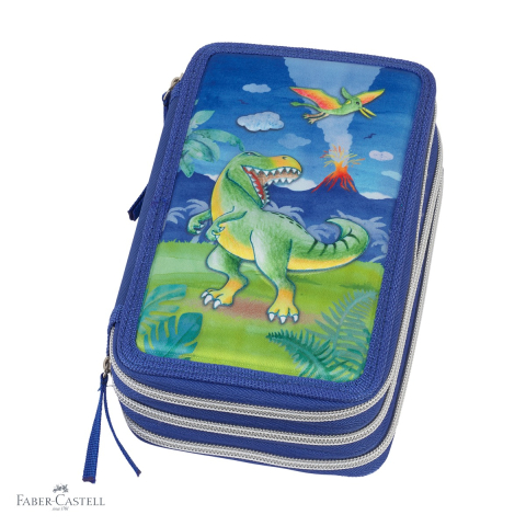 Penare - Penar echipat Faber-Castell, design dinozaur, 44 piese si 3 compartimente cu fermoar, pentru scoala