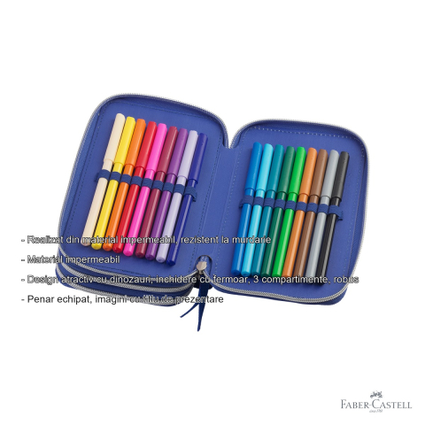 Penar echipat Faber-Castell, design dinozaur, 44 piese si 3 compartimente cu fermoar, pentru scoala [1]