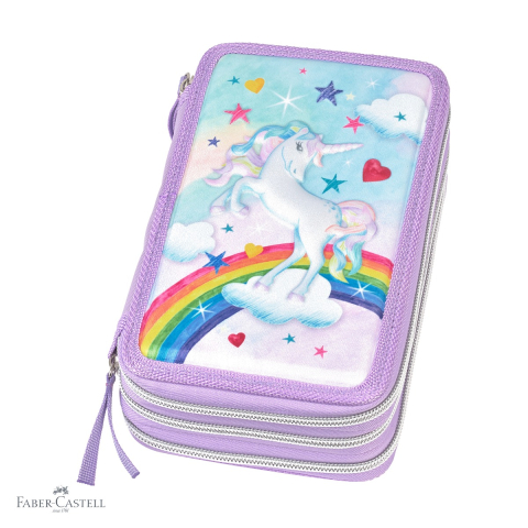 Penare - Penar echipat Faber-Castell, design unicorn, 44 piese, 3 compartimente cu fermoar, pentru scoala