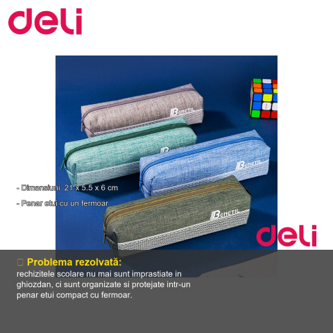 Penar etui tubular Deli Benetil, cu fermoar, culori asortate, pentru scoala [1]