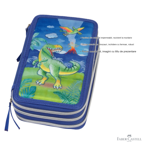 Penar neechipat Faber-Castell cu 3 fermoare, design dinozauri, material impermeabil, pentru scoala [2]
