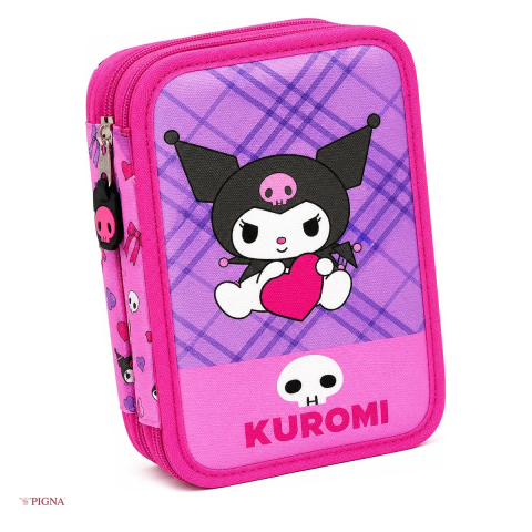Penare scolare - Penar Pigna, din textil, neechipat 3 fermoare kuromi, roz, 20x13 mm