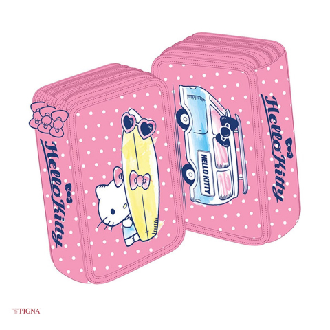 Penare scolare - Penar Pigna Dots Hello Kitty, din poliester, neechipat 3 fermoare, roz