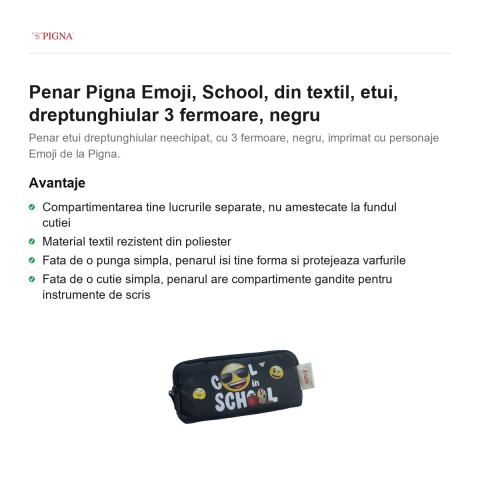 Penar Pigna Emoji, din textil, etui, dreptunghiular 3 fermoare school, negru [1]