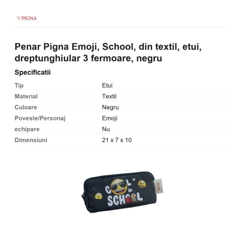 Penar Pigna Emoji, din textil, etui, dreptunghiular 3 fermoare school, negru [2]