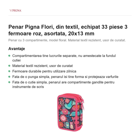 Penar Pigna Flori, din textil, echipat 33 piese 3 fermoare roz, asortata, 20x13 mm [1]