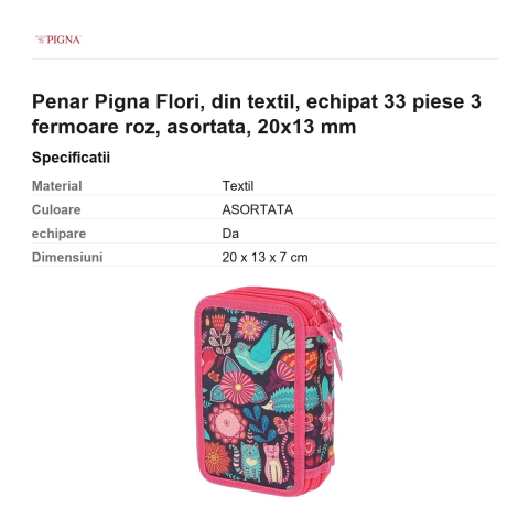 Penar Pigna Flori, din textil, echipat 33 piese 3 fermoare roz, asortata, 20x13 mm [2]