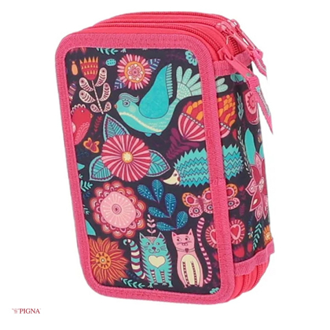 Organizare si arhivare - Penar Pigna Flori, din textil, echipat 33 piese 3 fermoare roz, asortata, 20x13 mm