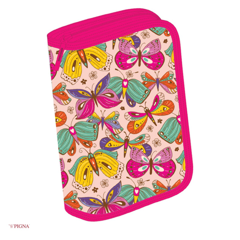 Penare scolare - Penar Pigna Fluturi, din textil, echipat 23 piese 1 fermoar 2 extensii, roz