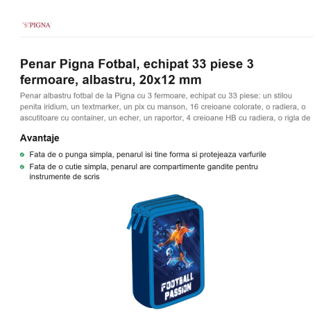Penar Pigna Fotbal, echipat 33 piese 3 fermoare, albastru, 20x12 mm [1]