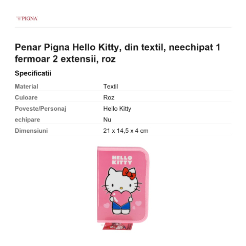 Penar Pigna Hello Kitty, din textil, neechipat 1 fermoar 2 extensii, roz [2]