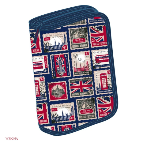Penare scolare - Penar Pigna London Stamps, din textil, echipat 23 piese 1 fermoar 2 extensii