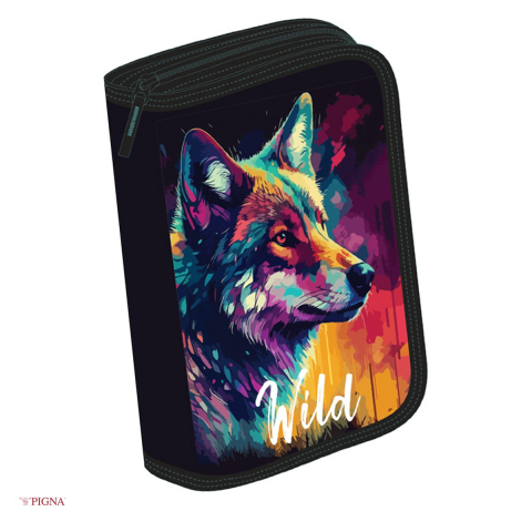 Penare scolare - Penar Pigna Lup Wild, din textil, echipat 23 piese 1 fermoar 2 extensii, negru