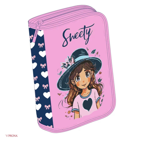 Penare scolare - Penar Pigna Sweety, din textil, echipat 23 piese 1 fermoar 2 extensii, roz