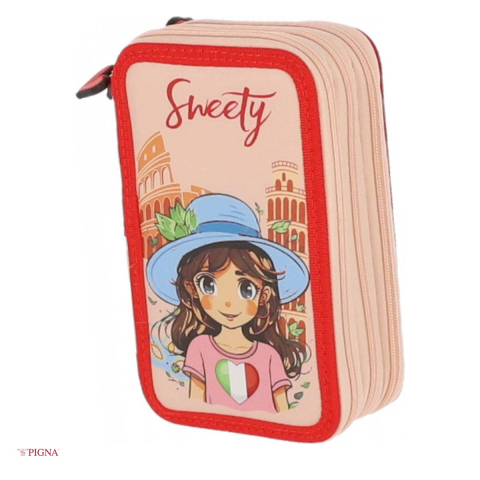 Penare scolare - Penar Pigna Sweety, echipat 34 piese 3 fermoare italy, roz