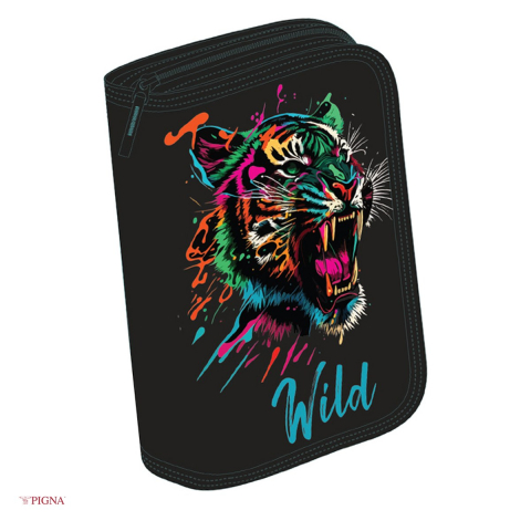 Penare scolare - Penar Pigna Tigru Wild, din textil, echipat 23 piese 1 fermoar 2 extensii, negru