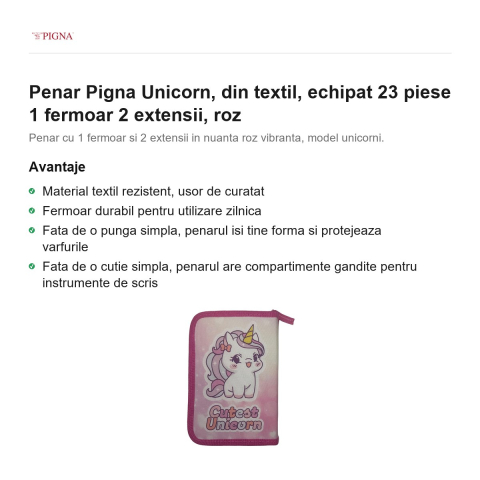 Penar Pigna Unicorn, din textil, echipat 23 piese 1 fermoar 2 extensii, roz [1]