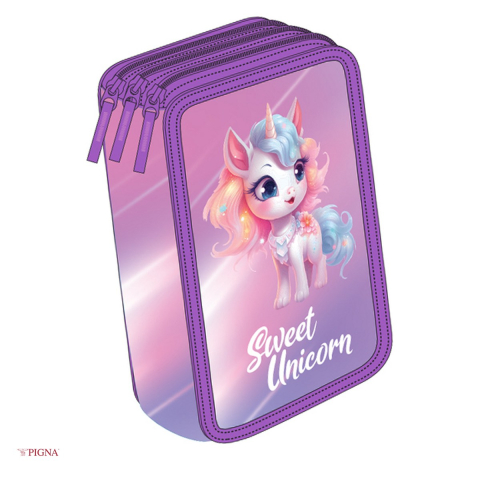 Penare scolare - Penar Pigna Unicorn, echipat 33 piese 3 fermoare, roz, 20x12 mm