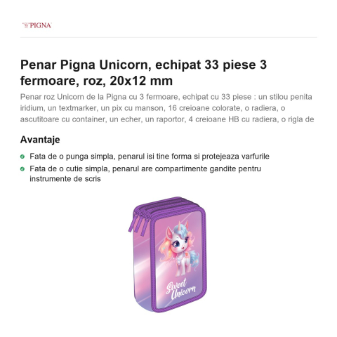Penar Pigna Unicorn, echipat 33 piese 3 fermoare, roz, 20x12 mm [1]