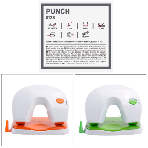 Perforator 20 coli E0123, constructie plastic cu baza metalica, 2 gauri, distanta 80 mm, culoare asortata [1]