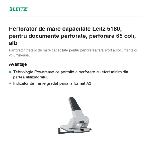 Perforator de mare capacitate Leitz 5180, pentru documente perforate, perforare 65 coli, alb [1]