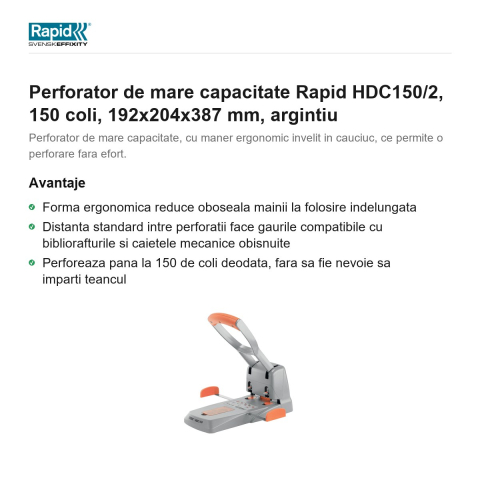 Perforator de mare capacitate Rapid HDC150/2, 150 coli, 192x204x387 mm, argintiu [1]