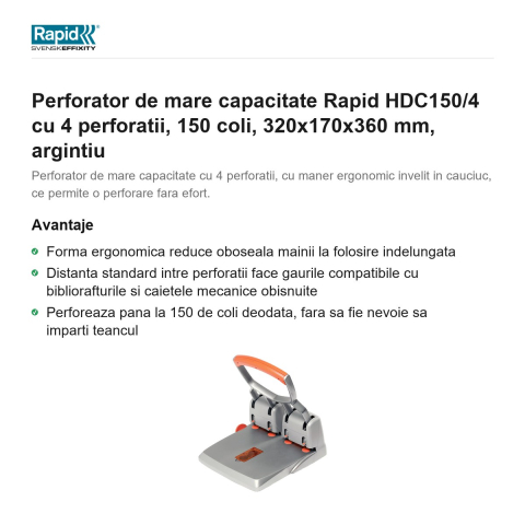 Perforator de mare capacitate Rapid HDC150/4 cu 4 perforatii, 150 coli, 320x170x360 mm, argintiu [1]