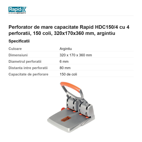 Perforator de mare capacitate Rapid HDC150/4 cu 4 perforatii, 150 coli, 320x170x360 mm, argintiu [2]