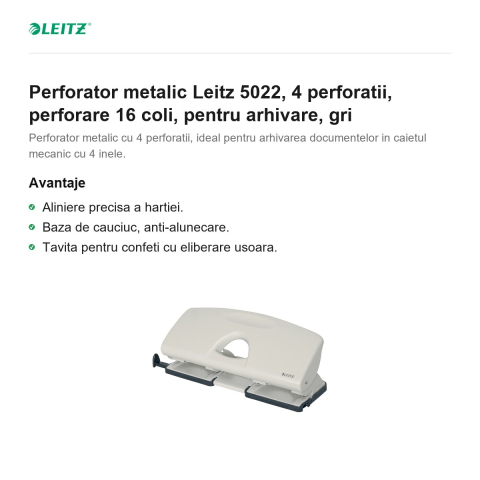 Perforator metalic Leitz 5022, 4 perforatii, perforare 16 coli, pentru arhivare, gri [1]