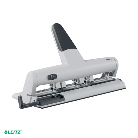 Perforatoare de birou - Perforator metalic Leitz 5114, cu 4 perforatii, distante reglabile, perforare 30 coli, pentru documente perforate, alb