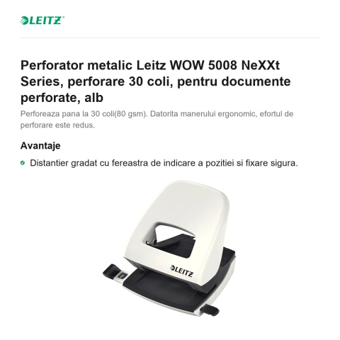 Perforator metalic Leitz WOW 5008 NeXXt Series, perforare 30 coli, pentru documente perforate, alb [1]