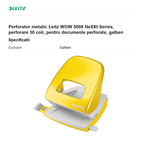 Perforator metalic Leitz WOW 5008 NeXXt Series, perforare 30 coli, pentru documente perforate, galben [2]