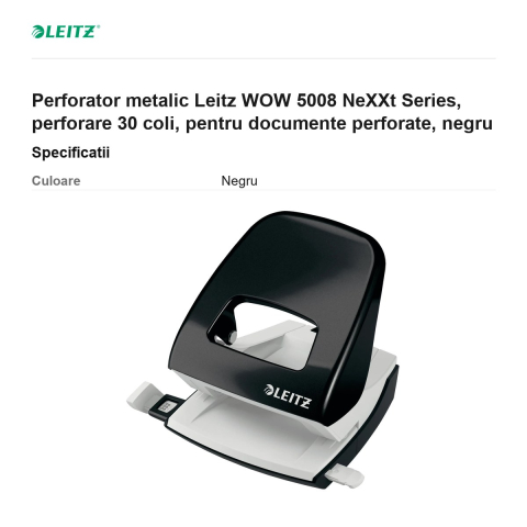 Perforator metalic Leitz WOW 5008 NeXXt Series, perforare 30 coli, pentru documente perforate, negru [2]