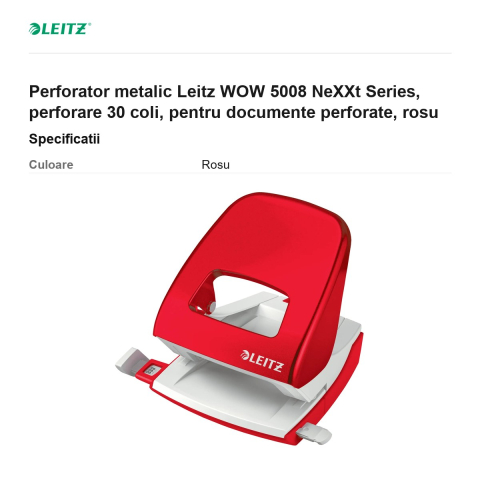 Perforator metalic Leitz WOW 5008 NeXXt Series, perforare 30 coli, pentru documente perforate, rosu [2]