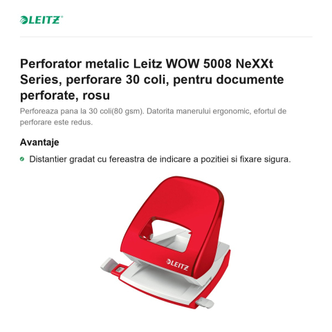 Perforator metalic Leitz WOW 5008 NeXXt Series, perforare 30 coli, pentru documente perforate, rosu [1]